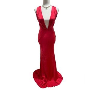 Vintage Y2K Multi By Bree Cherry Red Long Silk Plunge Formal Evening Gown Dress